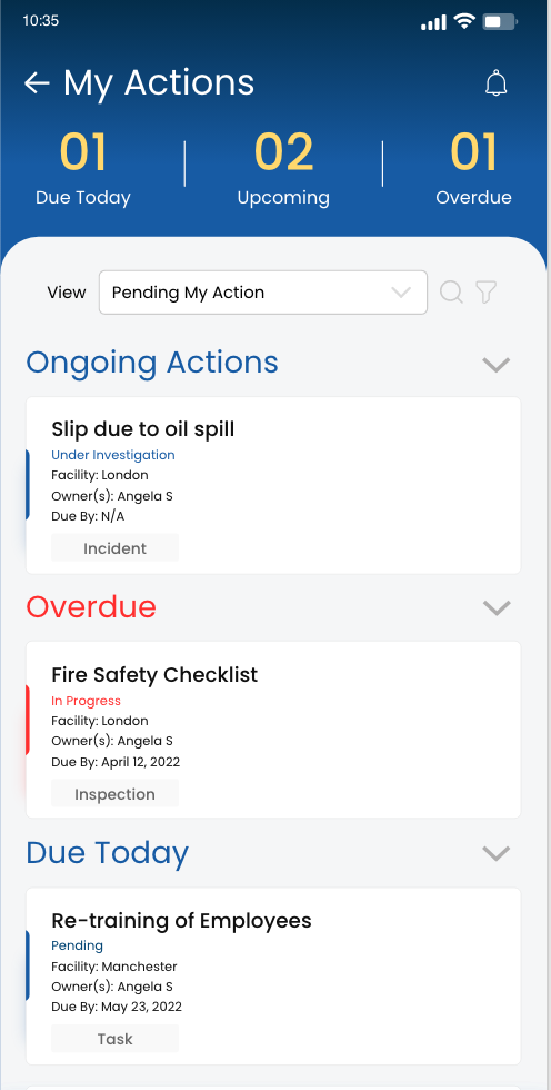 SafetyQube mobile app My Actions screen showing ongoing, overdue and due-today items