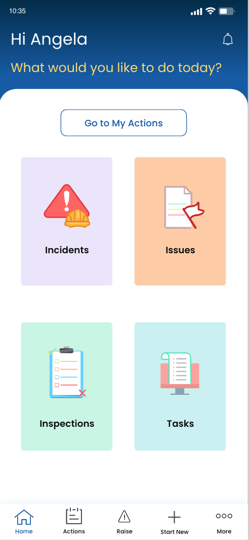 SafetyQube mobile app home screen with quick actions for incidents, issues, inspections and tasks